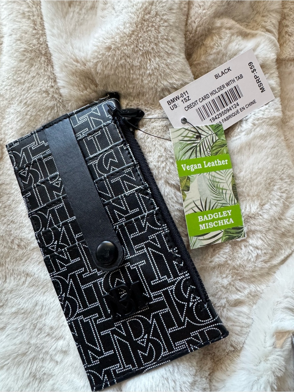 Badgley Mischka Black Logo Print Vegan Leather Card Holder with Tab